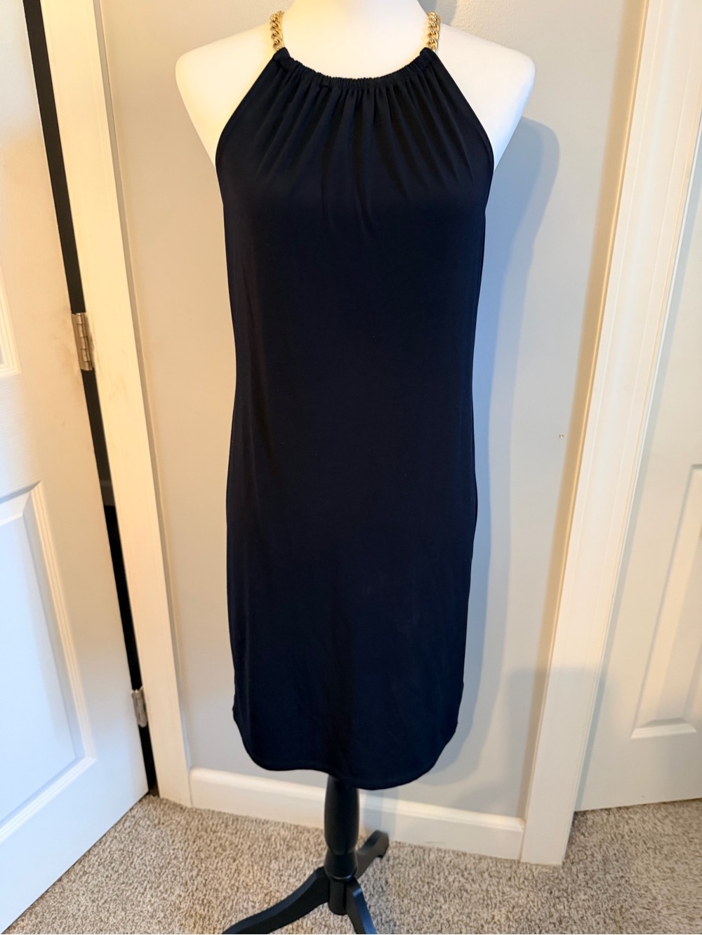 MICHAEL Michael Kors Navy Halter Mini Dress with Gold Chain Straps